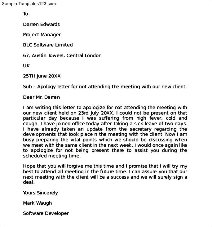 apology letter unable to attend training