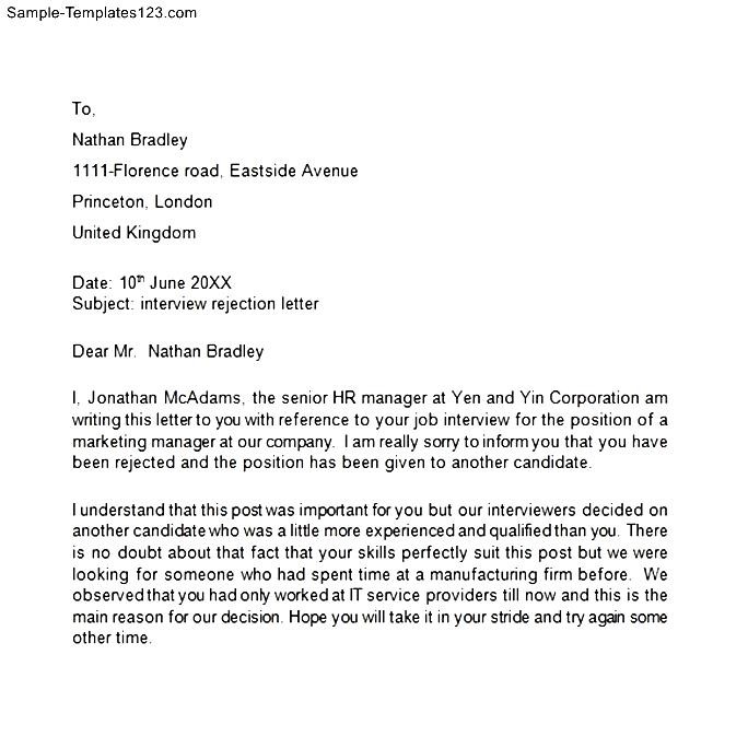 Interviewee Rejection Letter Sample Templates