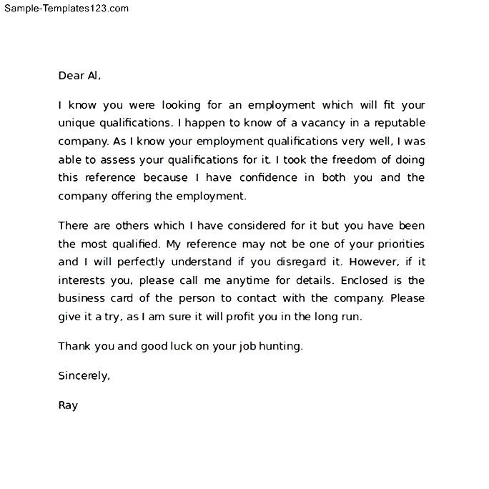 Sample Reference Letter For A Friend For Employment