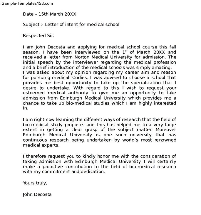 Letter Of Intent Medical School