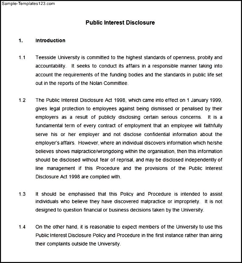 Public Interest Disclosure Policy and Procedure Template Sample
