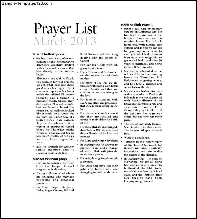 Sample Catholic Prayer List Template Sample Templates
