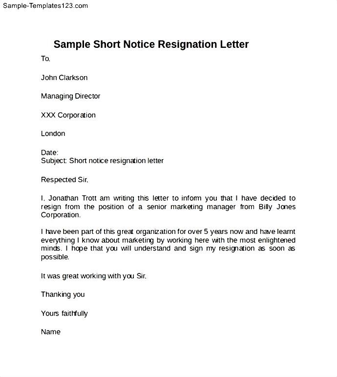 Sample Short Notice Resignation Letter Sample Templates