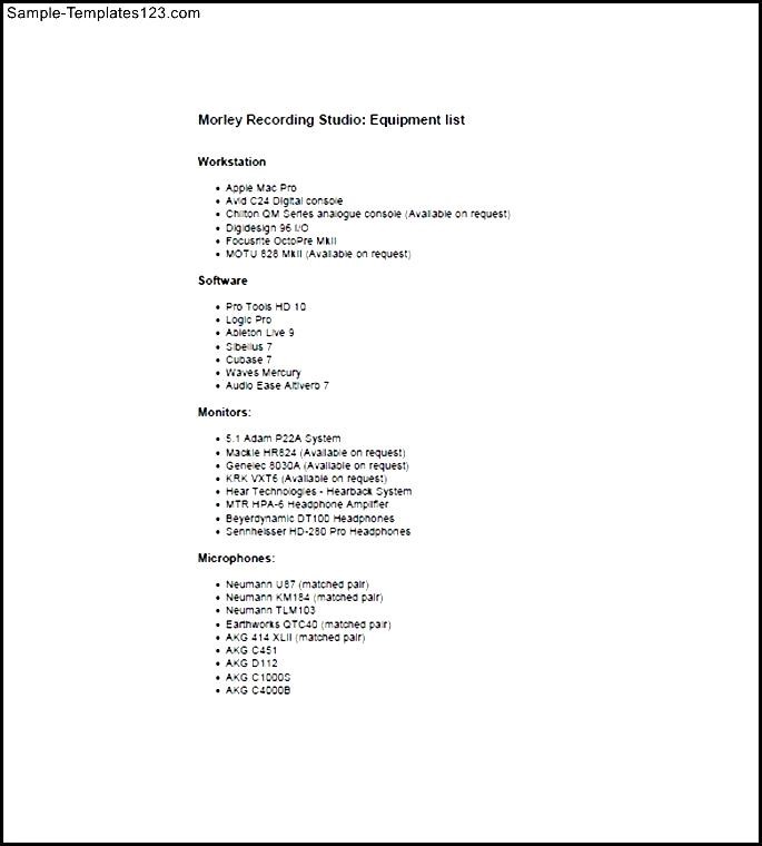 Studio Equipment List Template Sample Templates Sample Templates