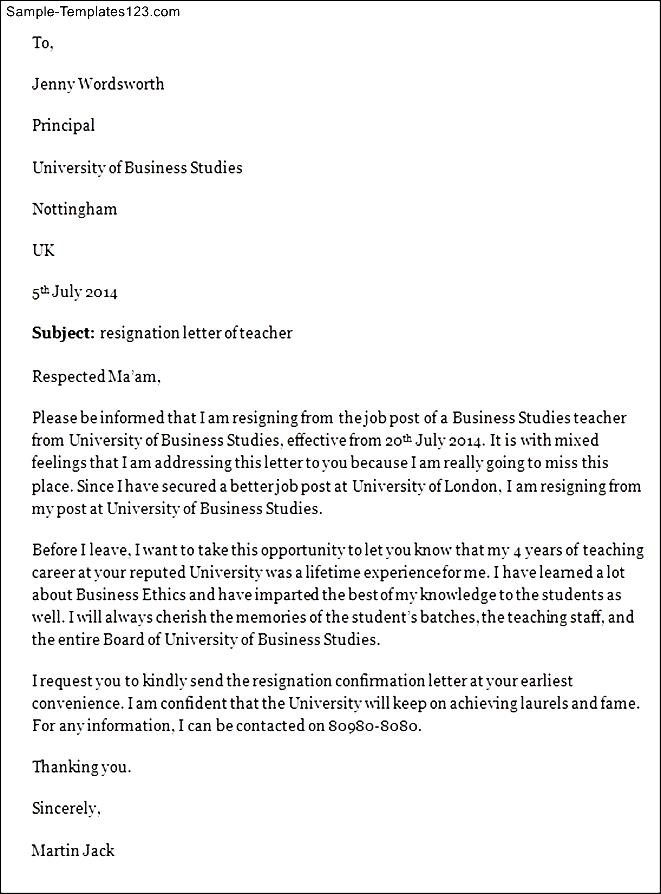 Teacher Resignation Letter Example Sample Templates
