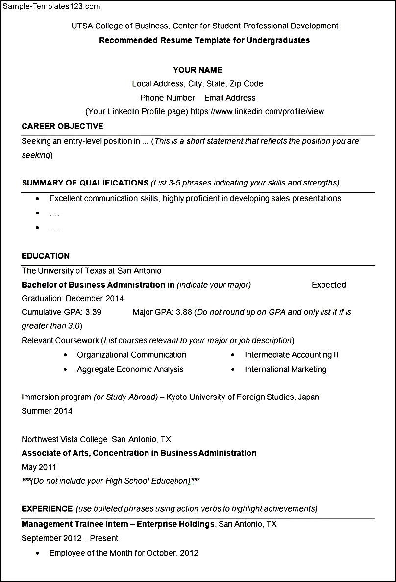 UTSA College of Business Resume Example Template Sample Templates