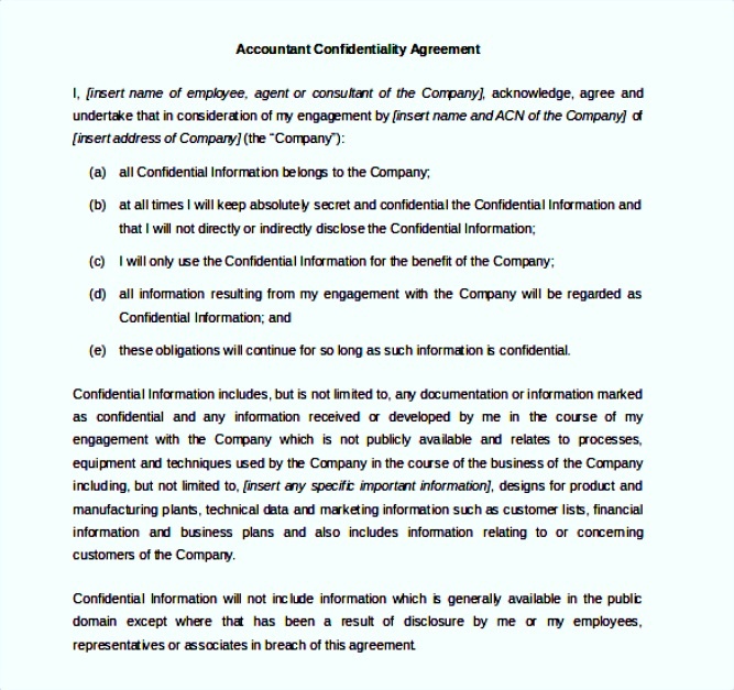 Accountant Confidentiality Agreement Word Template