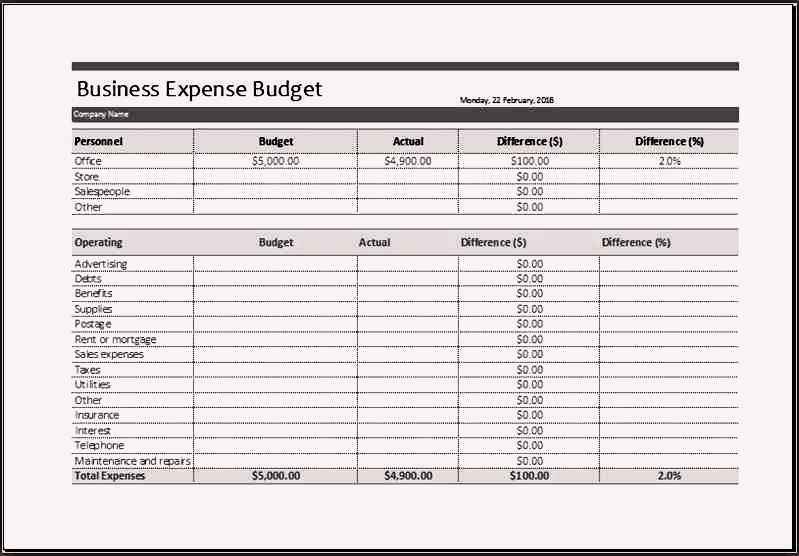 business plan expense sheet