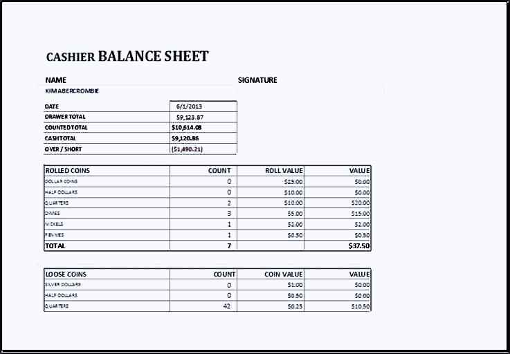 Cashier Balance Sheet Sample Templates Sample Templates