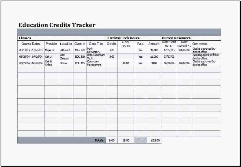 MS Excel Education Credits Tracker Template Sample Templates Sample