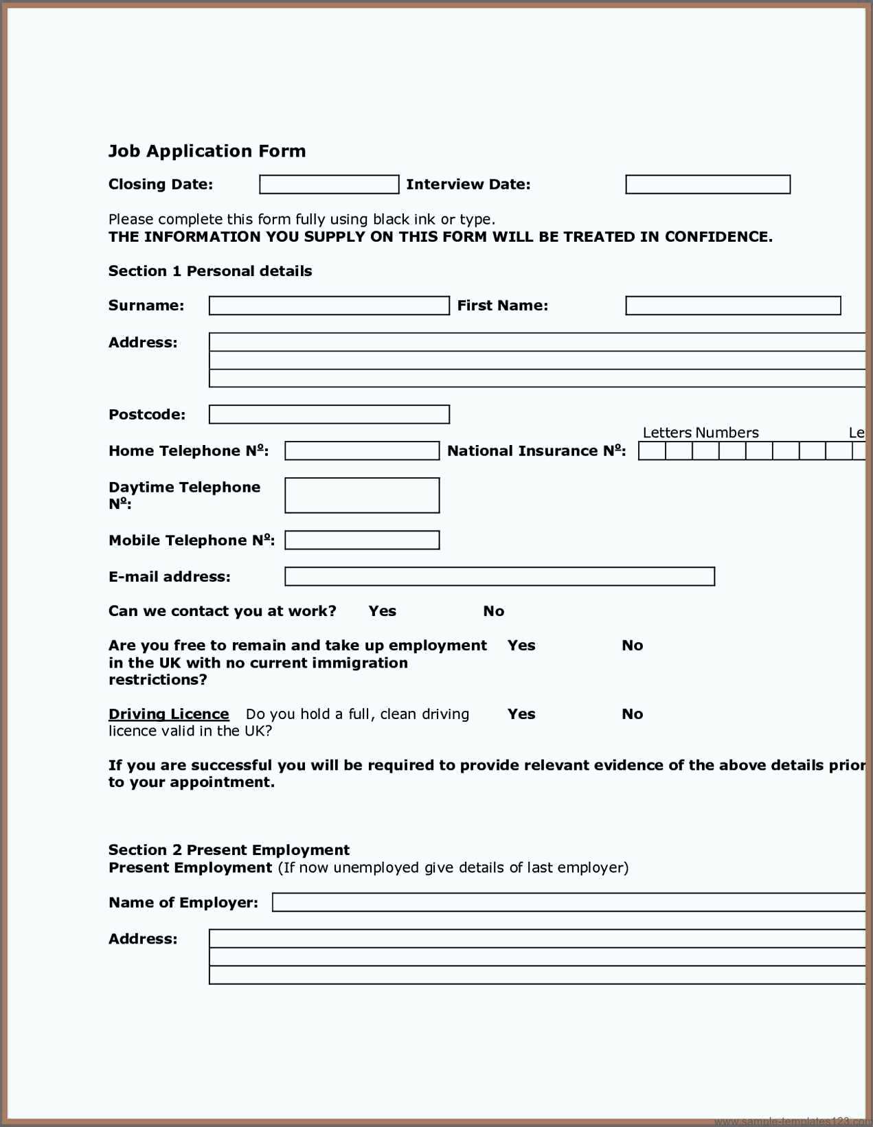 Free Printable Generic Job Application Form