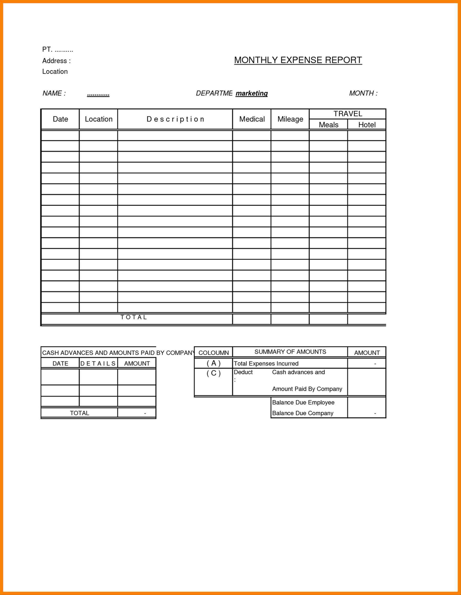 Monthly Expense Report Template Excel